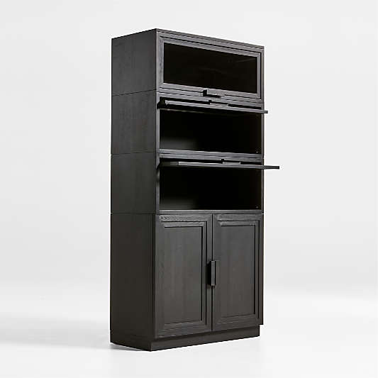 Calypso Black Elm Wood Modular Storage Cabinet with Wood-Door Base and Glass Doors