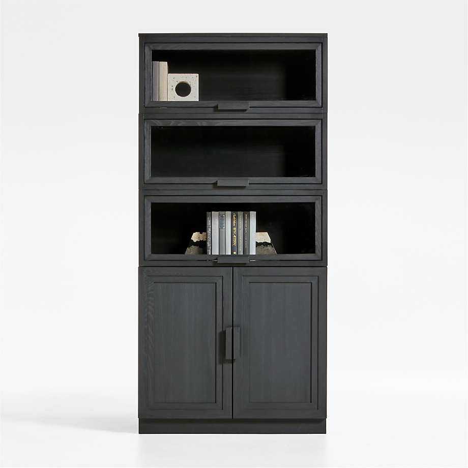 Calypso Black Elm Wood Modular Storage Cabinet with Wood-Door Base and Glass Doors