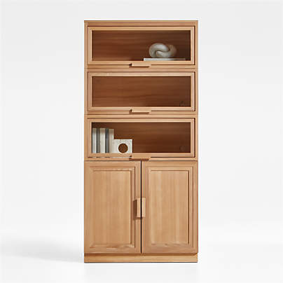 Calypso Natural Elm Modular Storage Cabinet with Wood-Door Base and Glass Doors