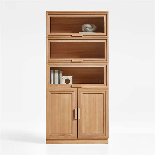 Calypso Natural Elm Modular Storage Cabinet with Wood-Door Base and Glass Doors