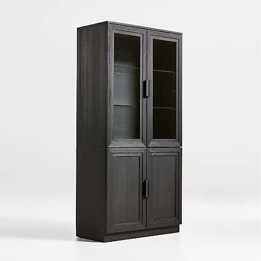 Calypso Black Modular Elm Wood-Door Base and Glass-Door Bookshelf Hutch