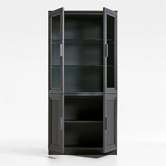 Calypso Black Modular Elm Wood-Door Base and Glass-Door Bookshelf Hutch