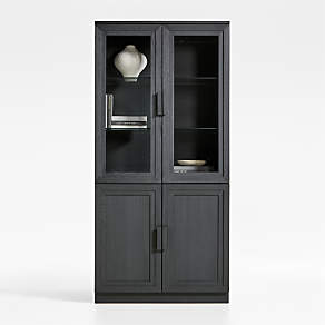 Calypso Black Elm Wood Modular Glass Door Bookcase Hutches Set of 2 Crate Barrel