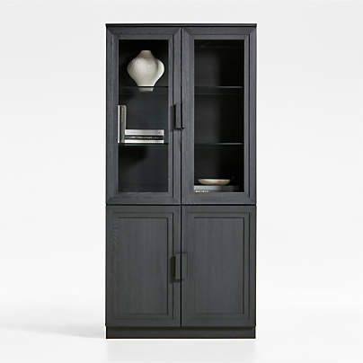 Calypso Black Modular Elm Wood-Door Base and Glass-Door Bookshelf Hutch