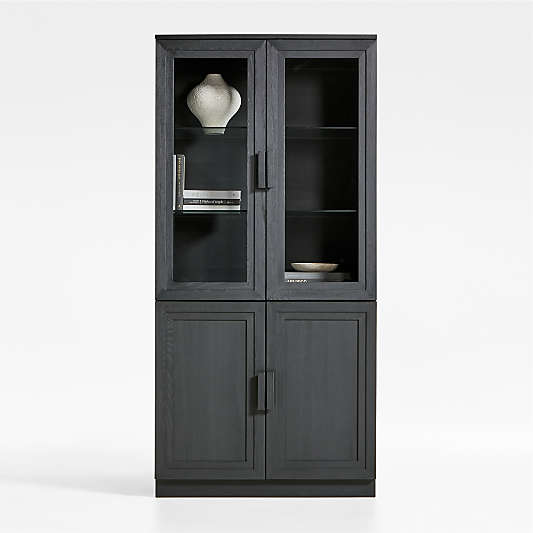 Calypso Black Modular Elm Wood-Door Base and Glass-Door Bookshelf Hutch