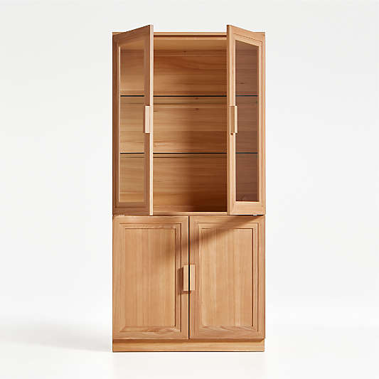 Calypso Natural Elm Modular Wood-Door Base and Glass-Door Bookshelf Hutch