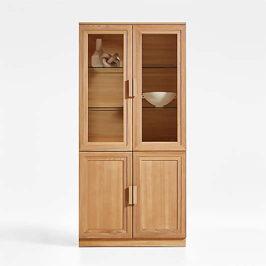 Calypso Natural Elm Modular Wood-Door Base and Glass-Door Bookshelf Hutch