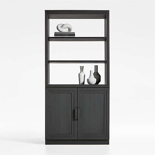 Calypso Black Wood Modular Elm Wood-Door Base and Bookshelf Hutch