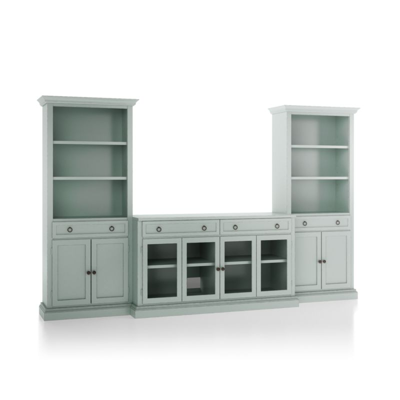 Cameo Blue Grey 3-Piece Glass Door Entertainment Center with Storage Bookcases