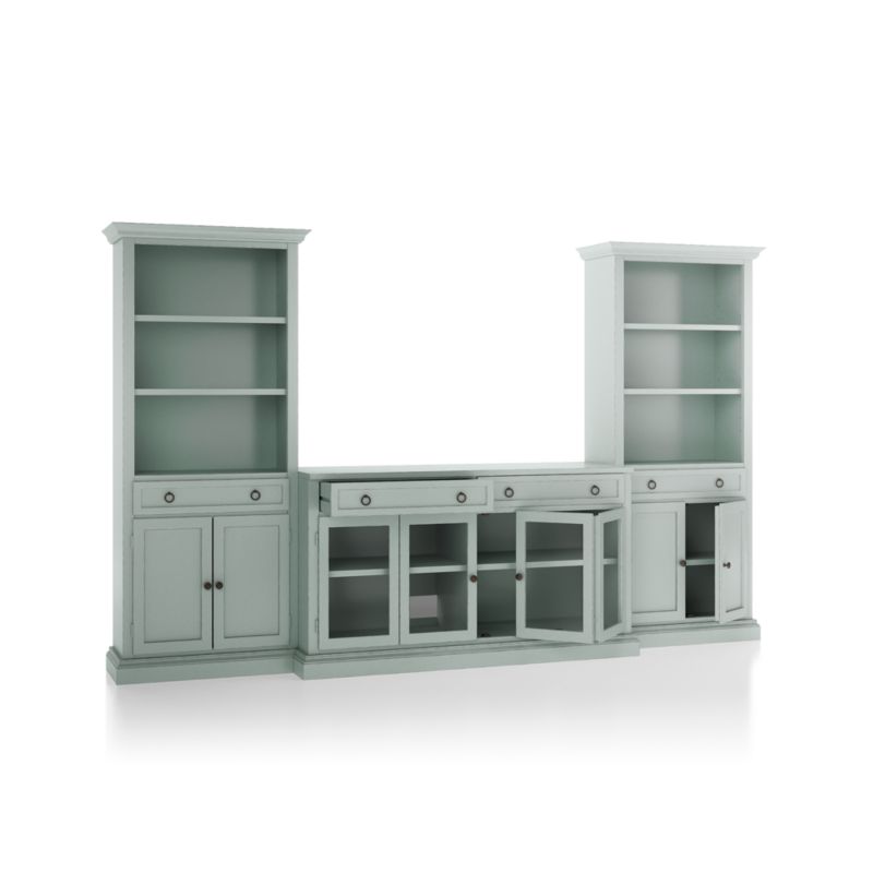 Cameo Blue Grey 3-Piece Glass Door Entertainment Center with Storage Bookcases