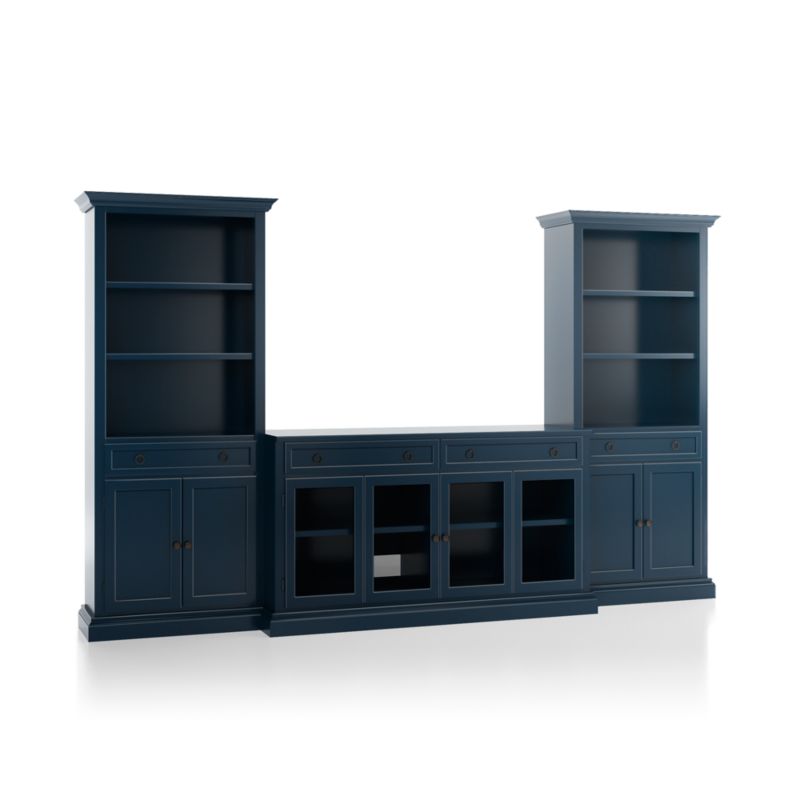 Cameo Indigo 3-Piece Glass Door Entertainment Center with Storage Bookcases
