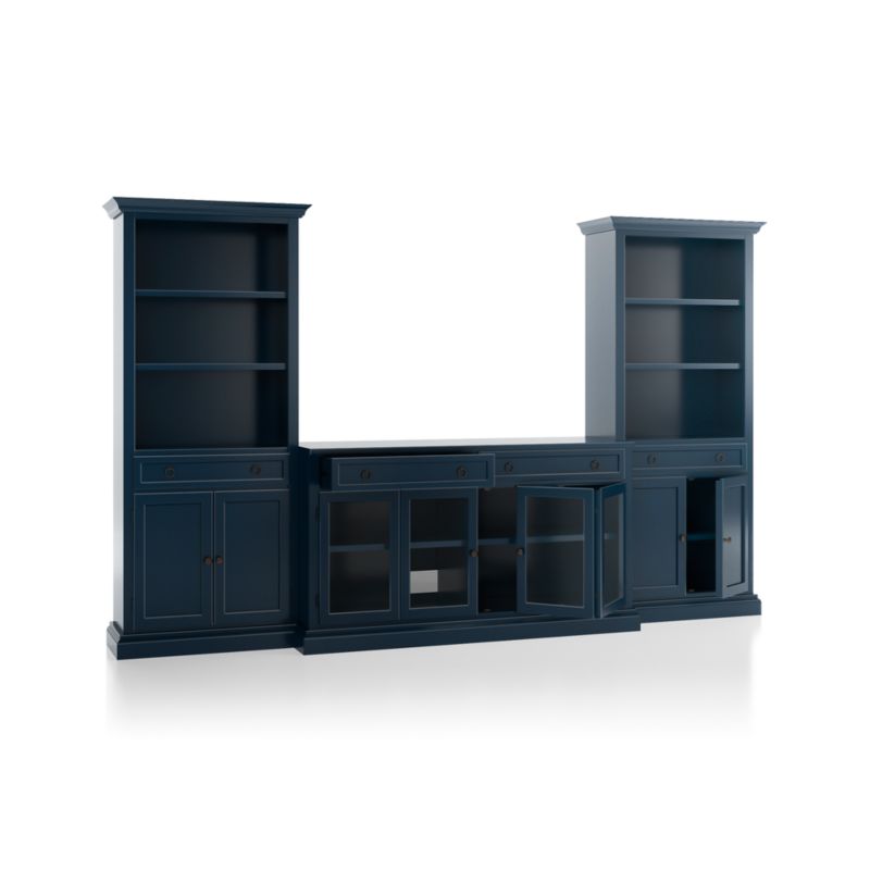 Cameo Indigo 3-Piece Glass Door Entertainment Center with Storage Bookcases