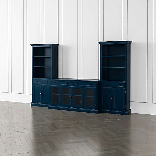 Cameo Indigo 3-Piece Glass Door Entertainment Center with Storage Bookcases