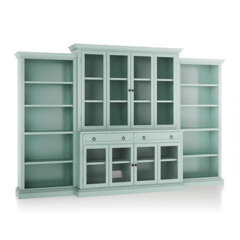 Cameo Blue Grey 4-Piece Glass Door Wall Unit with Open Bookcase