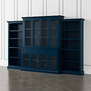 Cameo Blue Grey 4-Piece Glass Door Wall Unit with Storage Bookcase