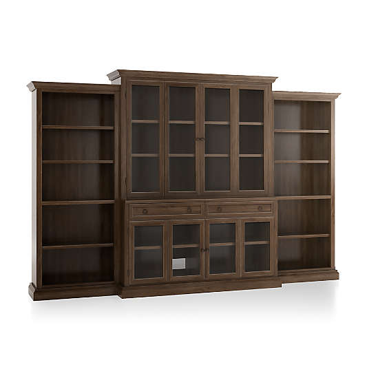 Cameo Nero Noce 4-Piece Glass Door Wall Unit with Open Bookcase