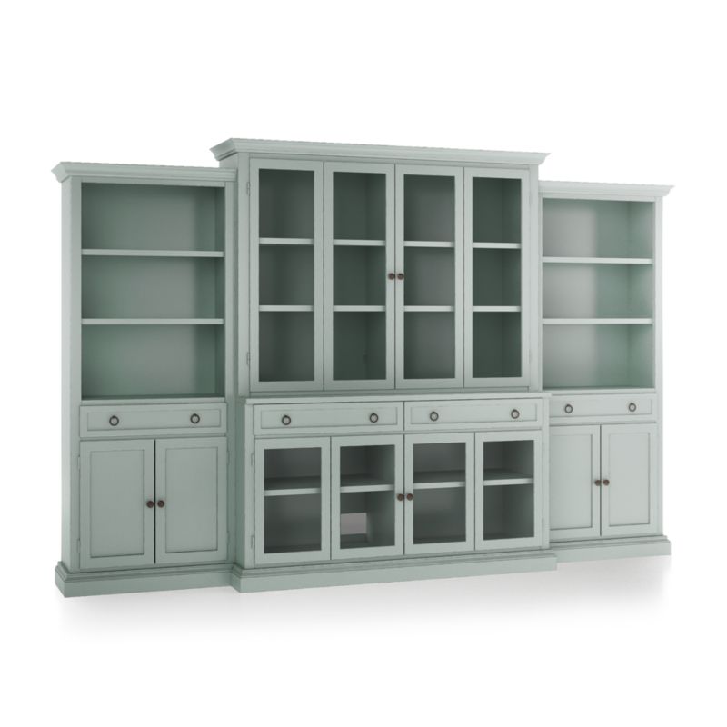 Cameo Blue Grey 4-Piece Glass Door Wall Unit with Storage Bookcase