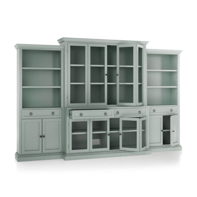 Cameo Blue Grey 4-Piece Glass Door Wall Unit with Storage Bookcase