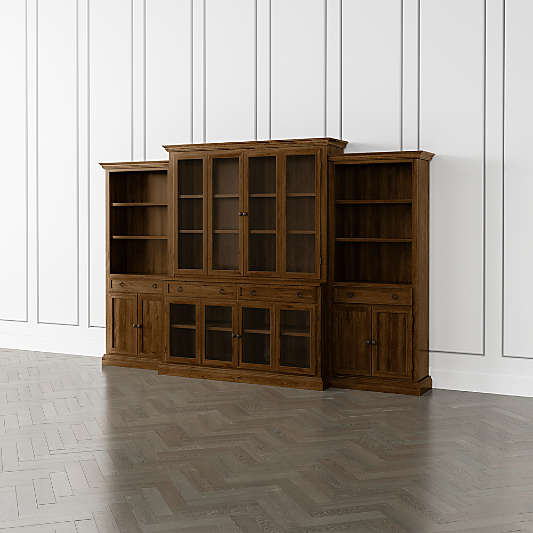 Cameo Nero Noce 4-Piece Glass Door Wall Unit with Storage Bookcase