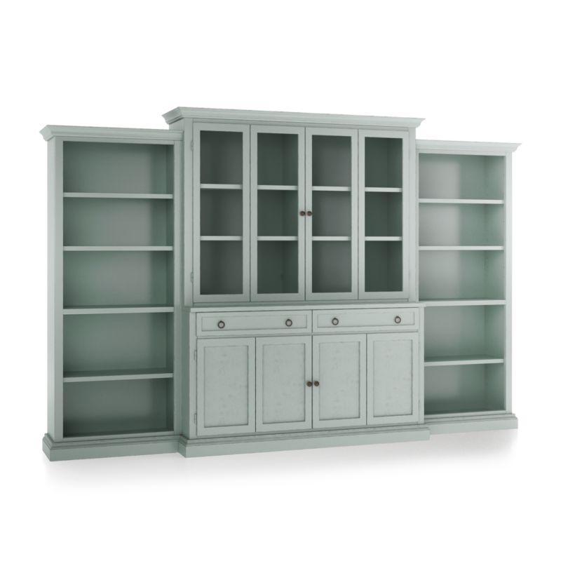 Cameo Blue Grey 4-Piece Glass and Wood Door Wall Unit with Open Bookcases