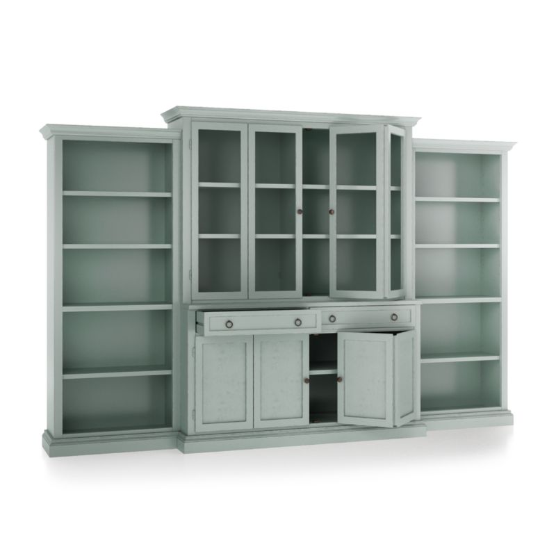 Cameo Blue Grey 4-Piece Glass and Wood Door Wall Unit with Open Bookcases