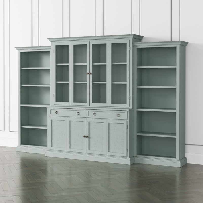 Cameo Blue Grey 4-Piece Glass and Wood Door Wall Unit with Open Bookcases