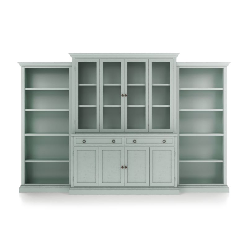 Cameo Blue Grey 4-Piece Glass and Wood Door Wall Unit with Open Bookcases