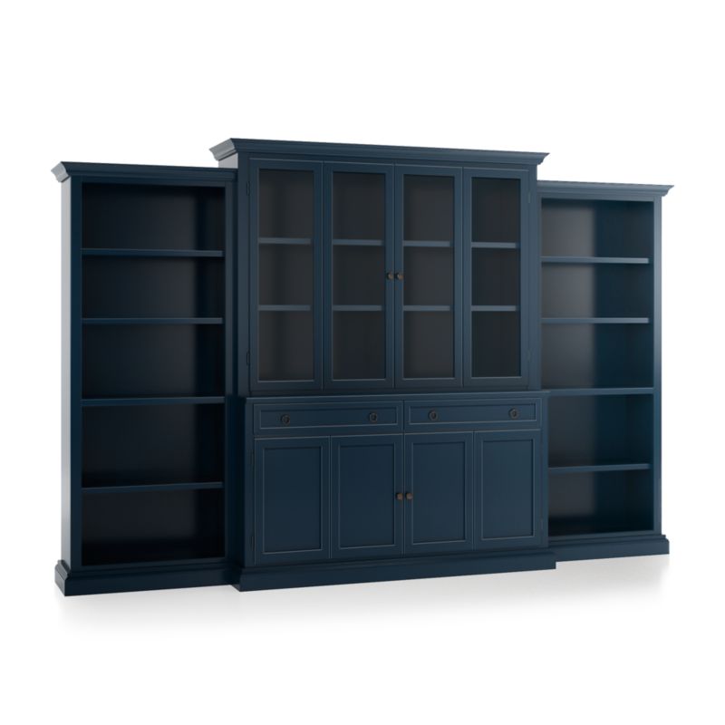 Cameo Indigo 4-Piece Glass and Wood Door Wall Unit with Open Bookcases