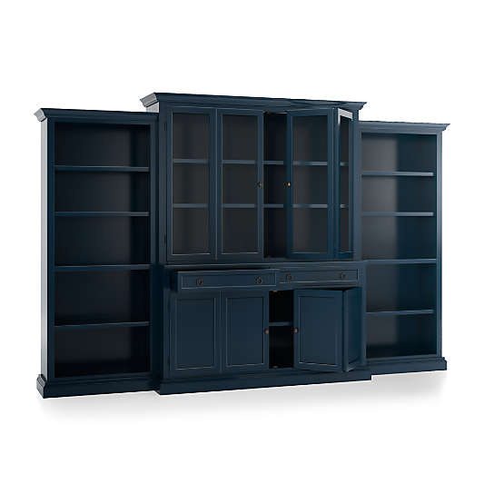 Cameo Indigo 4-Piece Glass and Wood Door Wall Unit with Open Bookcases