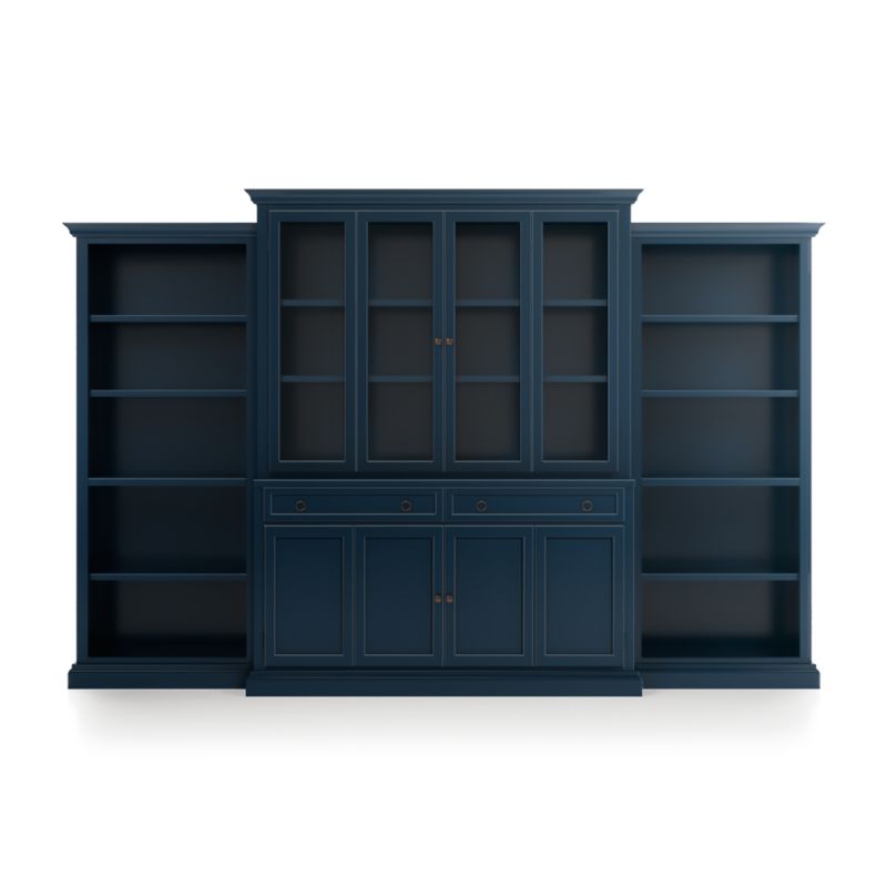 Cameo Indigo 4-Piece Glass and Wood Door Wall Unit with Open Bookcases