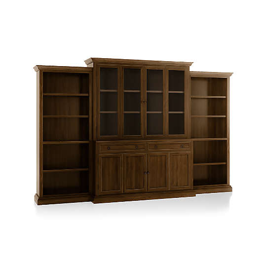 Cameo Nero Noce 4-Piece Glass and Wood Door Wall Unit with Open Bookcases