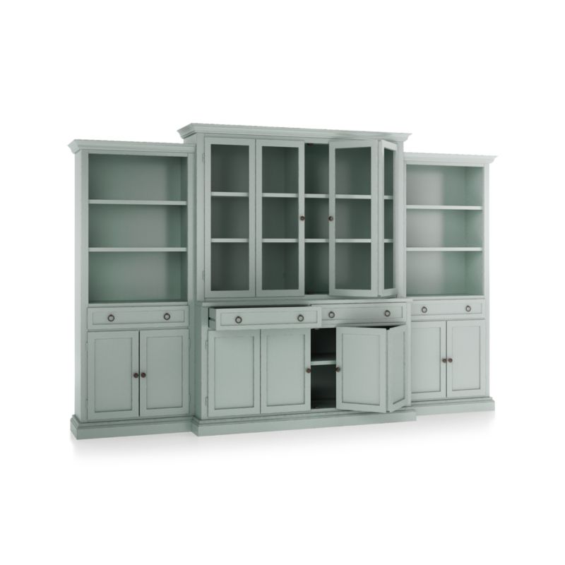 Cameo Blue Grey 4-Piece Glass and Wood Door Wall Unit with Storage Bookcase