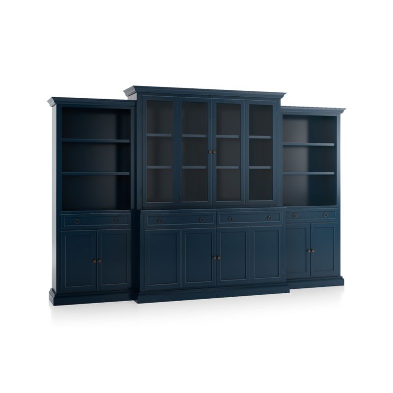 Cameo Indigo 4-Piece Glass and Wood Door Wall Unit with Storage Bookcases