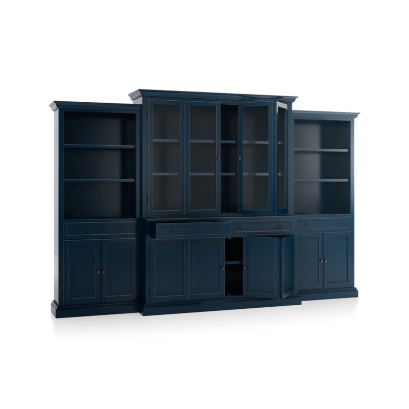 Cameo Indigo 4-Piece Glass and Wood Door Wall Unit with Storage Bookcases