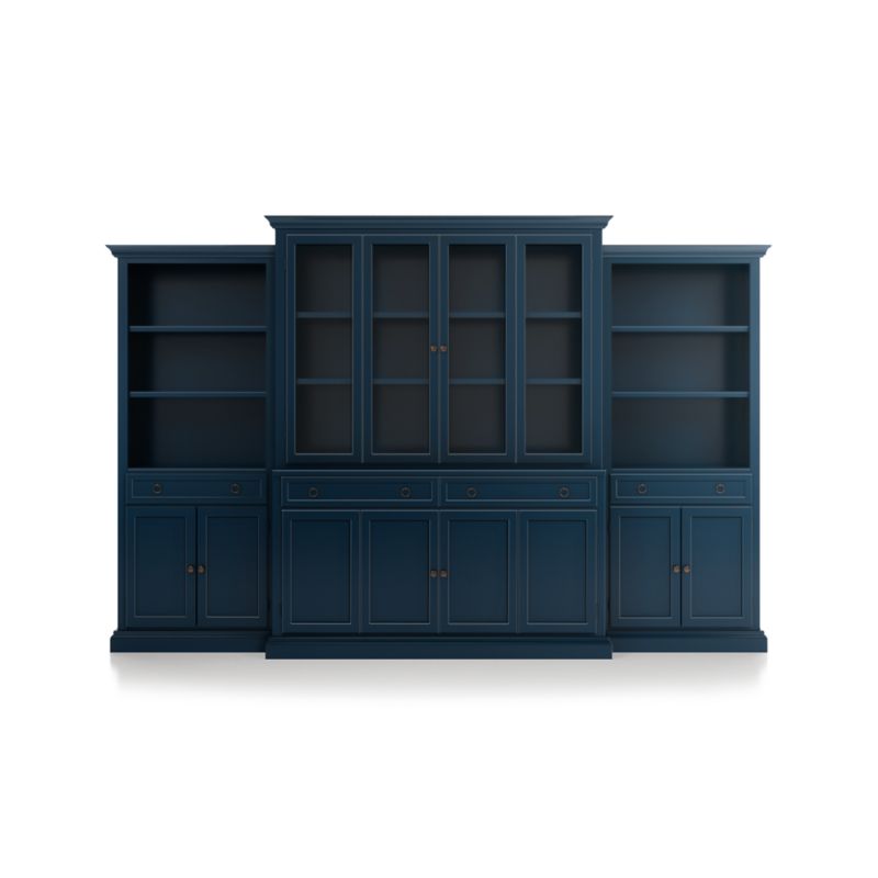 Cameo Indigo 4-Piece Glass and Wood Door Wall Unit with Storage Bookcases