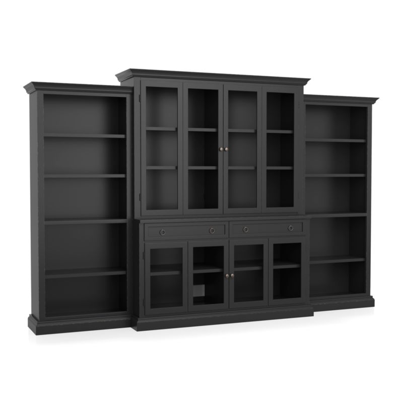 Cameo 4-Piece Modular Bruno Black Glass Door Wall Unit with Open Bookcases