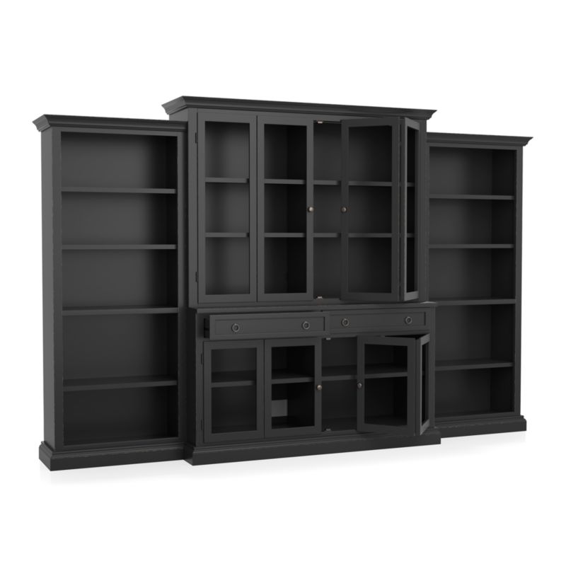 Cameo 4-Piece Modular Bruno Black Glass Door Wall Unit with Open Bookcases