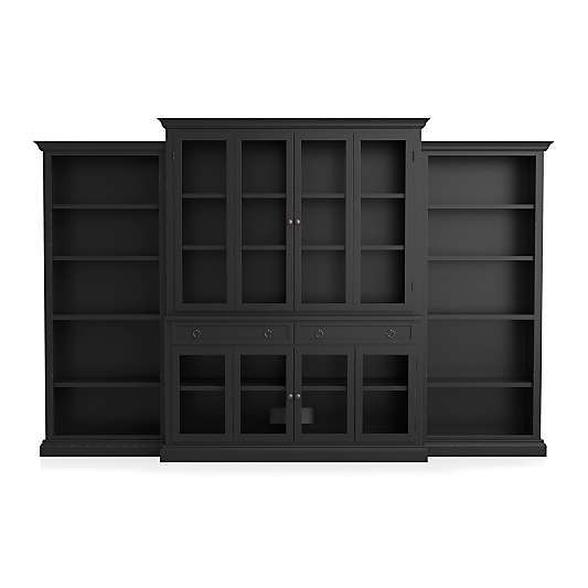 Cameo 4-Piece Modular Bruno Black Glass Door Wall Unit with Open Bookcases