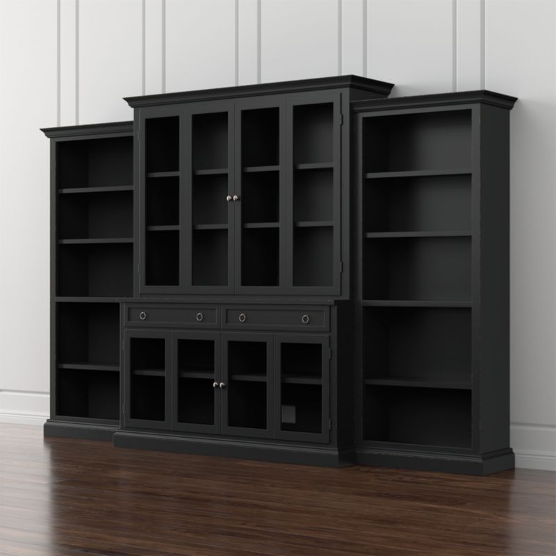 Cameo 4-Piece Modular Bruno Black Glass Door Wall Unit with Open Bookcases