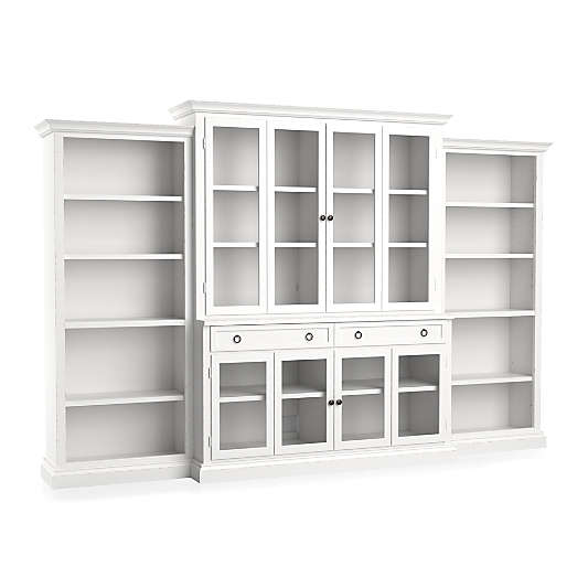 Cameo 4-Piece Modular White Glass Door Wall Unit with Open Bookcases