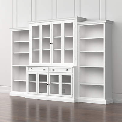 Cameo 4-Piece Modular White Glass Door Wall Unit with Open Bookcases