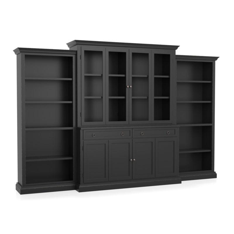 Cameo 4-Piece Bruno Black Glass Door Wall Unit with Open Bookcases