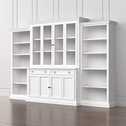4 Piece White Glass Door Wall Unit, White Shelving Unit With Doors
