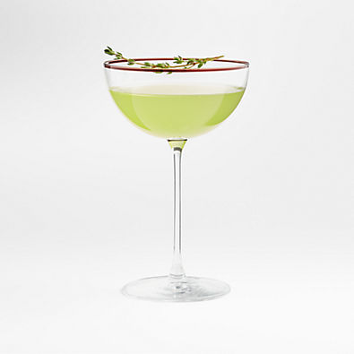 View Camille Long-Stem Holiday Champagne Coupe Glass with Red Rim details