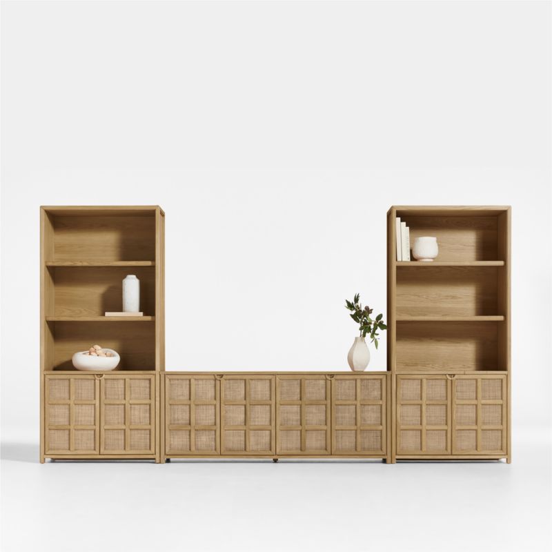 Campagna 94" Rattan and Natural Oak Wood Storage Media Console with 2 Storage Bookcases - image 2 of 8