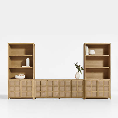 Campagna 154" Rattan and Natural Oak Wood Storage Media Console Set
