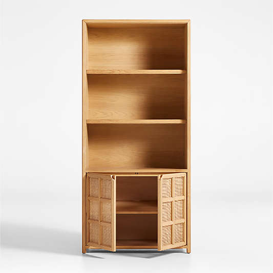 Campagna Rattan and Natural Oak Wood 3-Shelf Storage Bookcase Cabinet