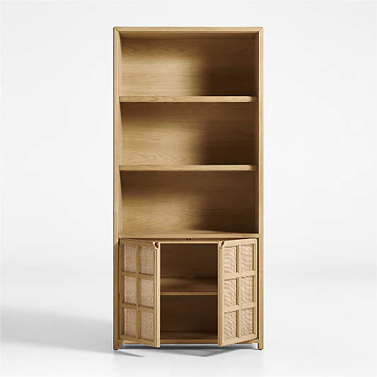 Campagna 93" Rattan and Natural Oak Wood 3-Shelf Storage Bookcase Cabinet