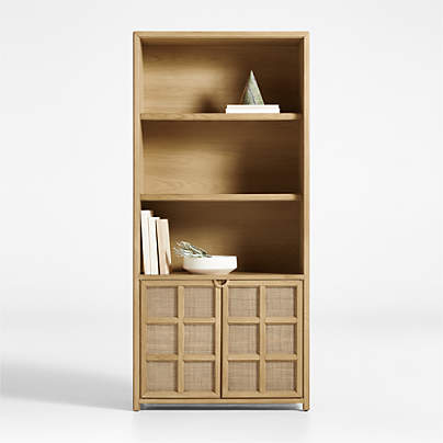 Campagna 93" Rattan and Natural Oak Wood 3-Shelf Storage Bookcase Cabinet