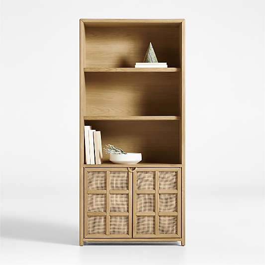 Campagna 93" Rattan and Natural Oak Wood 3-Shelf Storage Bookcase Cabinet